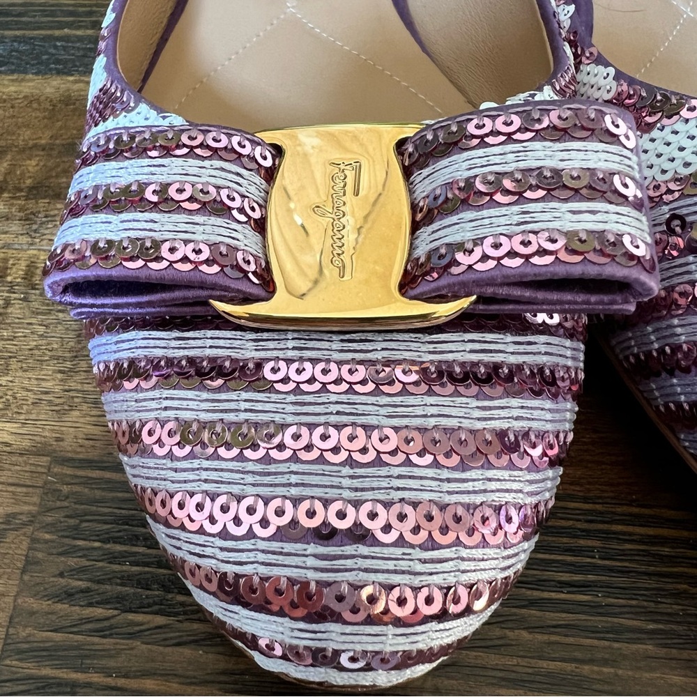 NEW! Salvatore Ferragamo $850 Varina Pink/White Sequin Vara Bow Flats 9.5B - Picture 5 of 12